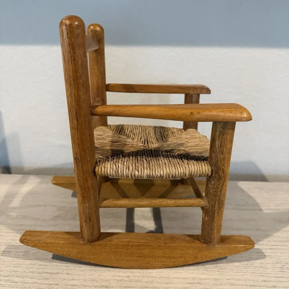 VINTAGE SMALL BROWN WOOD ROCKING CHAIR‎ HANDCRAFTED WICKER 9